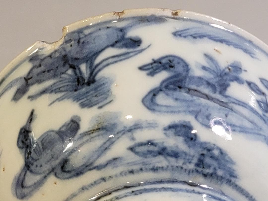 中国 古染付 水鳥 碗 馬絵 皿 二件 古美術 DT249