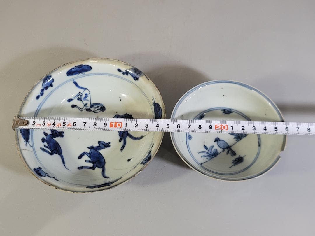 中国 古染付 水鳥 碗 馬絵 皿 二件 古美術 DT249