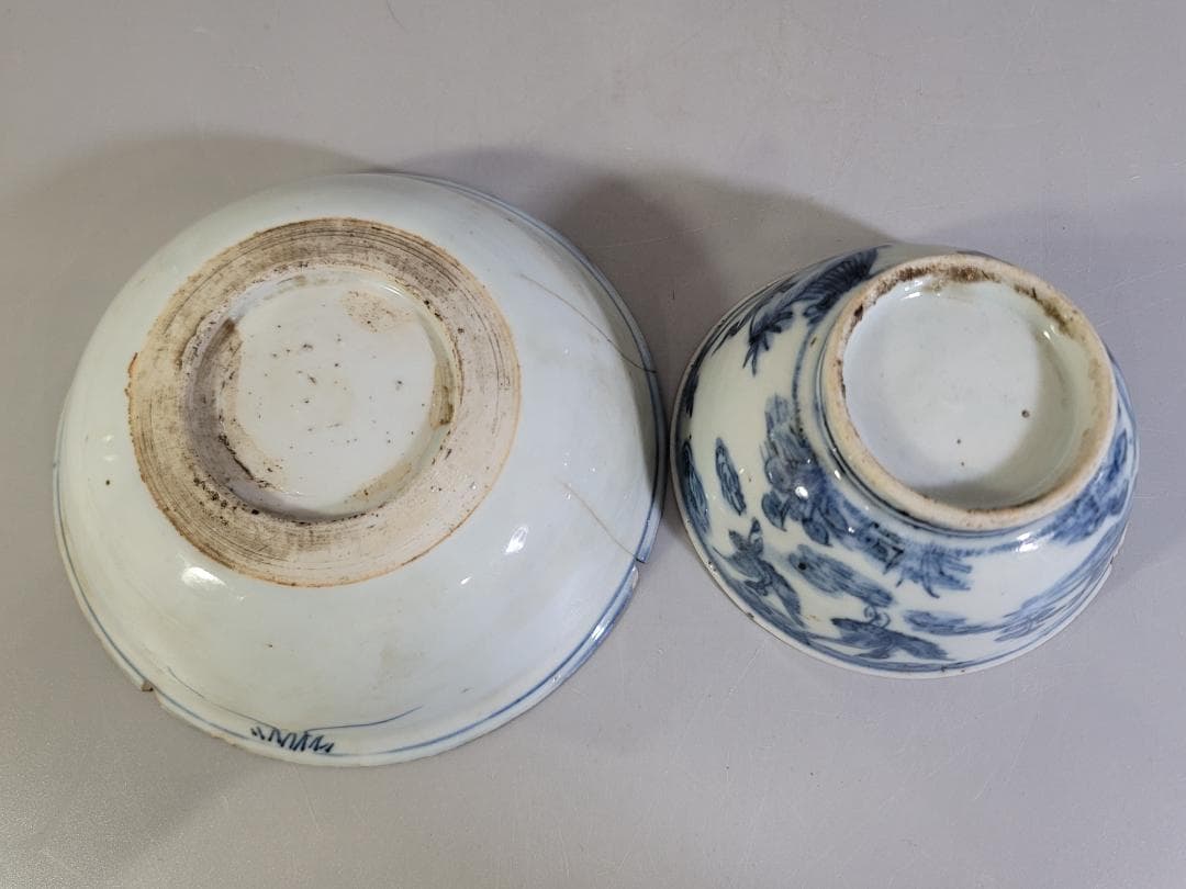 中国 古染付 水鳥 碗 馬絵 皿 二件 古美術 DT249