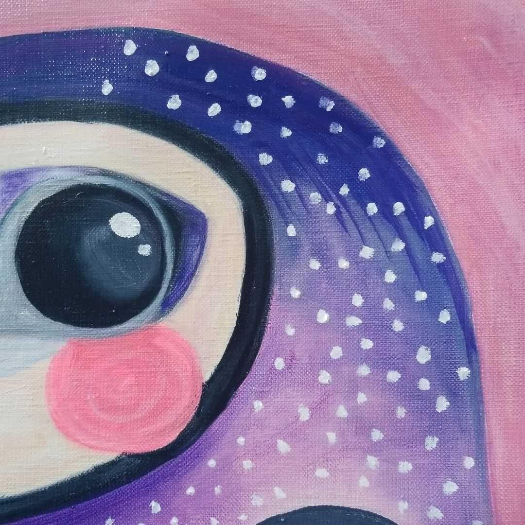 キャンバス油絵　シー　横顔もかわいい福を呼ぶふくろう　おもしろ現代アート風