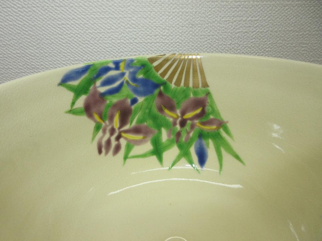送料込【逢絢亭・新品】茶道具 茶碗 京焼 仁清写 扇面に花菖蒲の図 廣田嵩花
