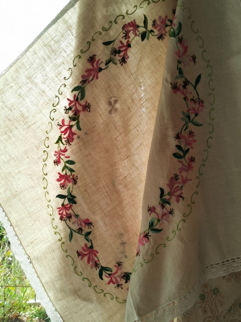 アンティークイギリスニードルワーク 紅花常磐万作 色糸刺繍 リネンクロシェクロス