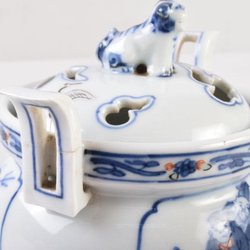 陶芸家　森野嘉光作　染錦　七福神図　双耳香炉　共箱　V　8506