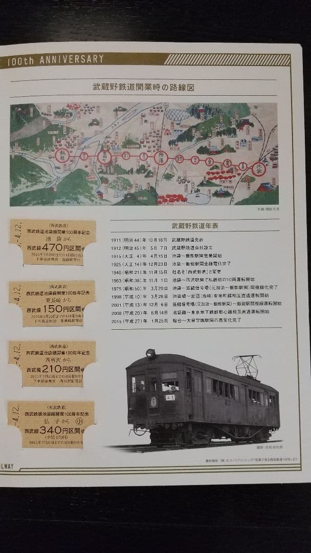 西武鉄道池袋線 開業100周年記念乗車券 写真追加
