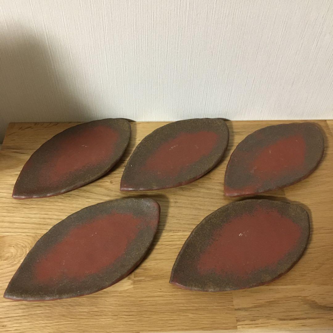 備前焼 木葉皿 五客揃 見附文雄造 共箱付