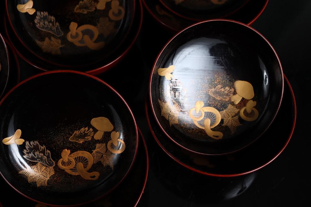 茶道具 見返松茸 蒔絵 吸物椀 十客 木箱 共箱　木製漆器