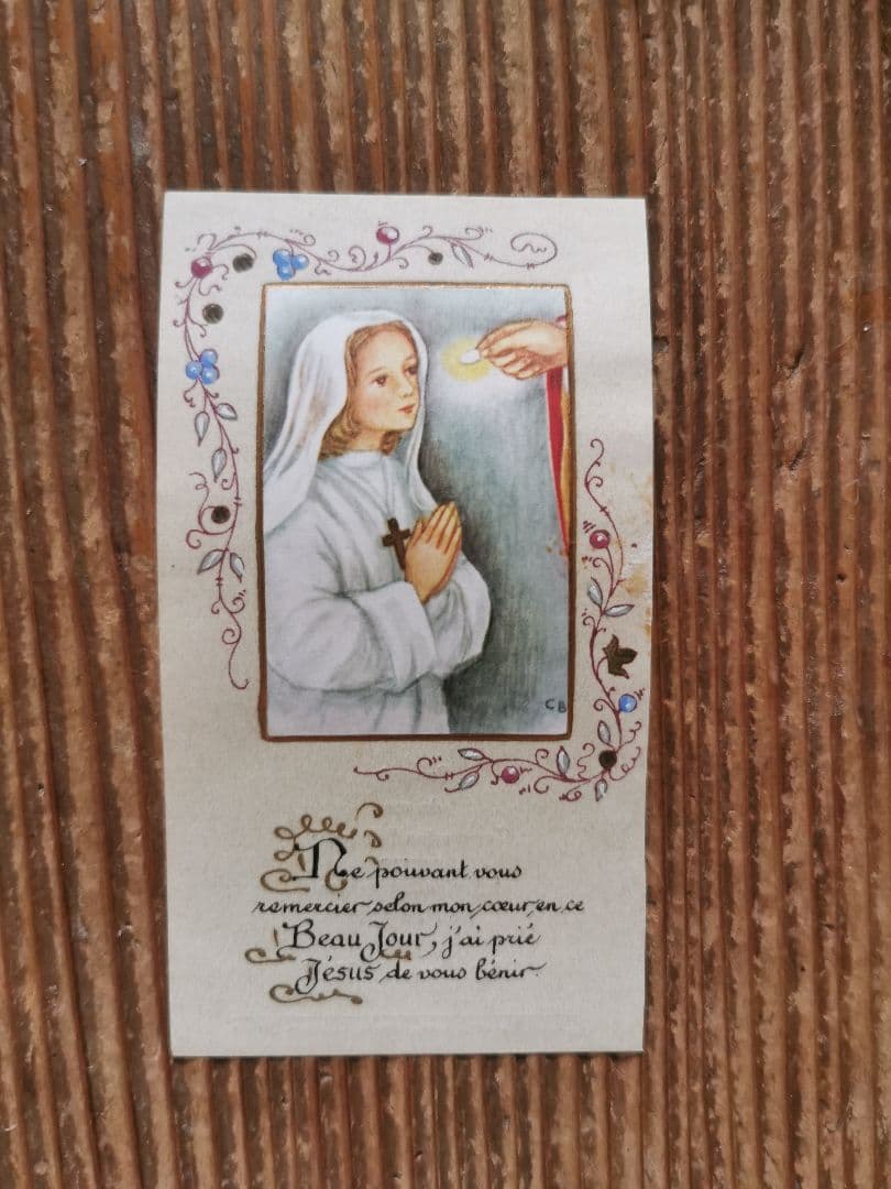 アンティーク 手描ホーリーカード フランス ベルギー 矢車草 初聖体式 菫と菊