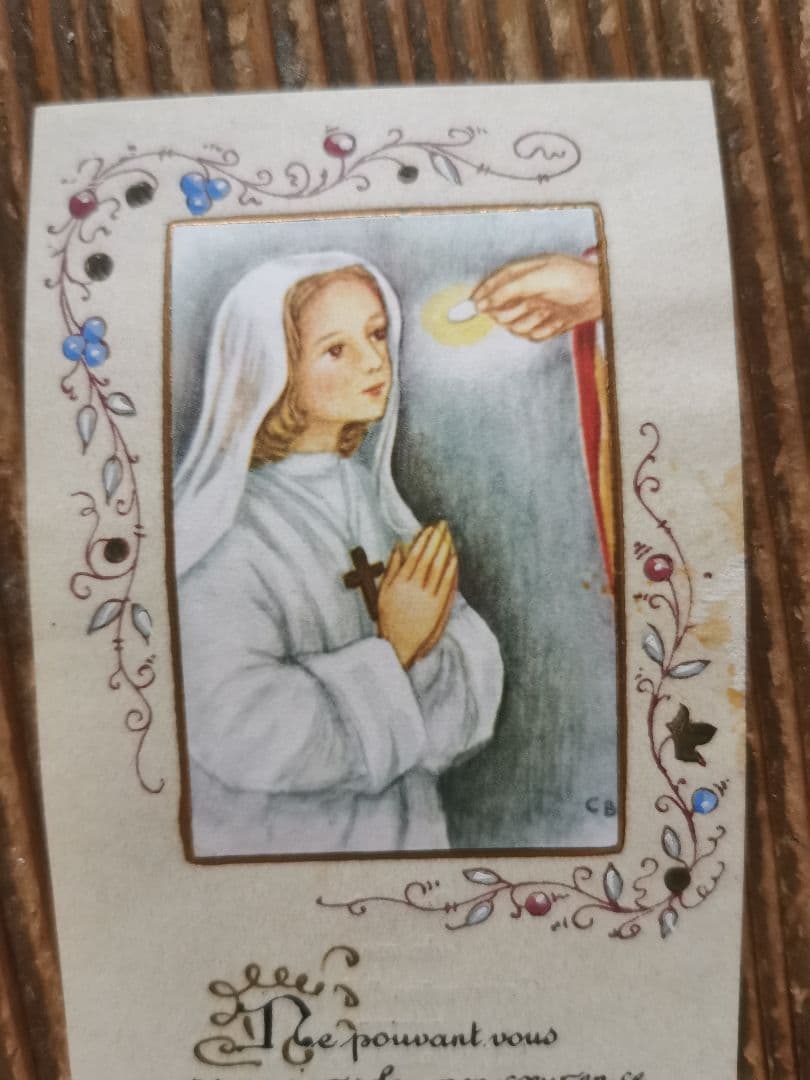 アンティーク 手描ホーリーカード フランス ベルギー 矢車草 初聖体式 菫と菊