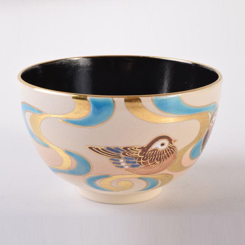 空色　茶道具　京焼橋本紫雲作　色絵金彩　鳥文　茶碗　共布共箱　C　7426
