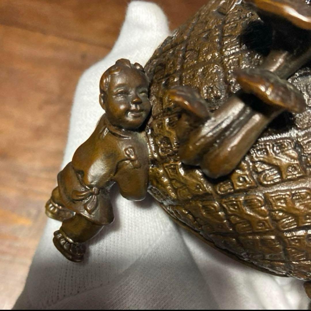 戦前 アンティーク 唐子三足香炉 裏印有り 唐子脚宝袋形香炉