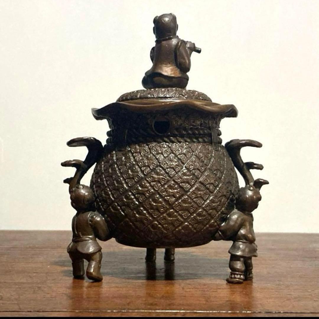 戦前 アンティーク 唐子三足香炉 裏印有り 唐子脚宝袋形香炉