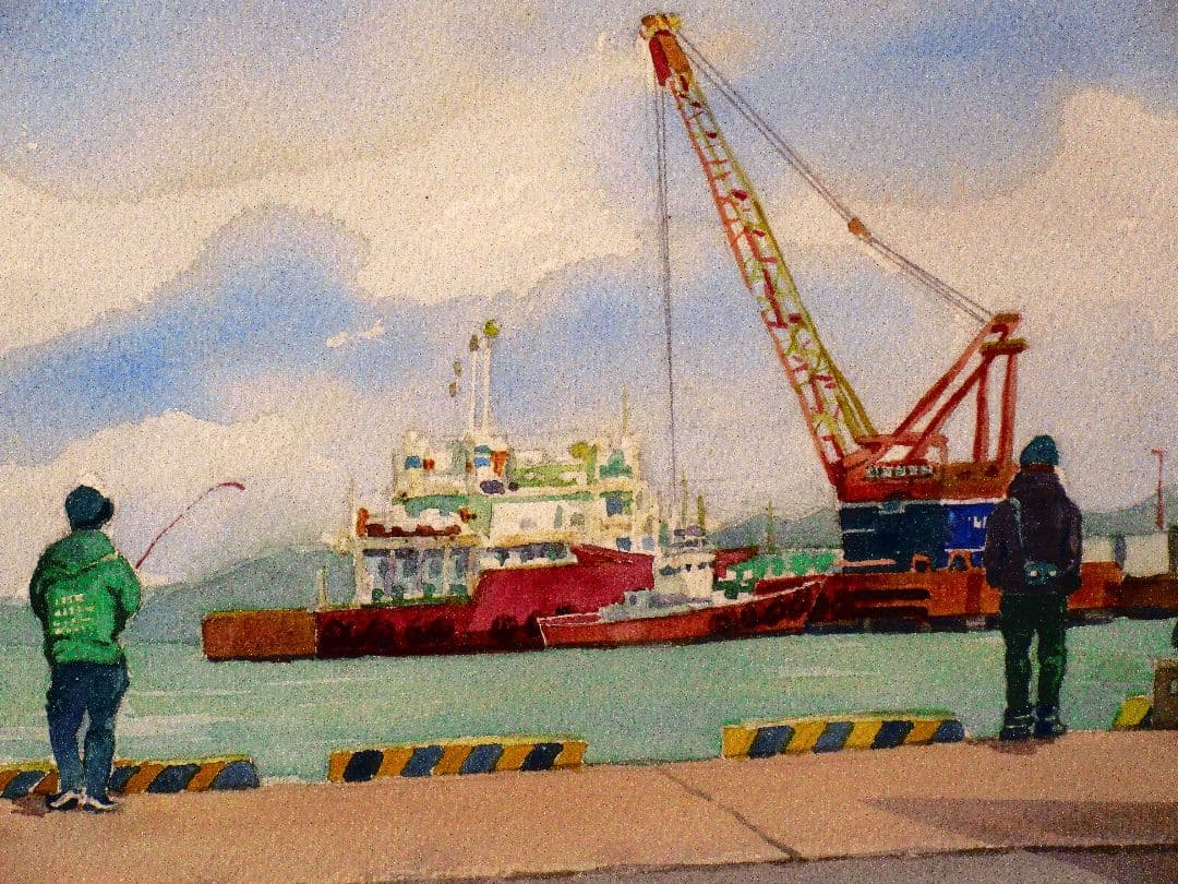 港の風景 水彩画 F6サイズ 原画 額装済み