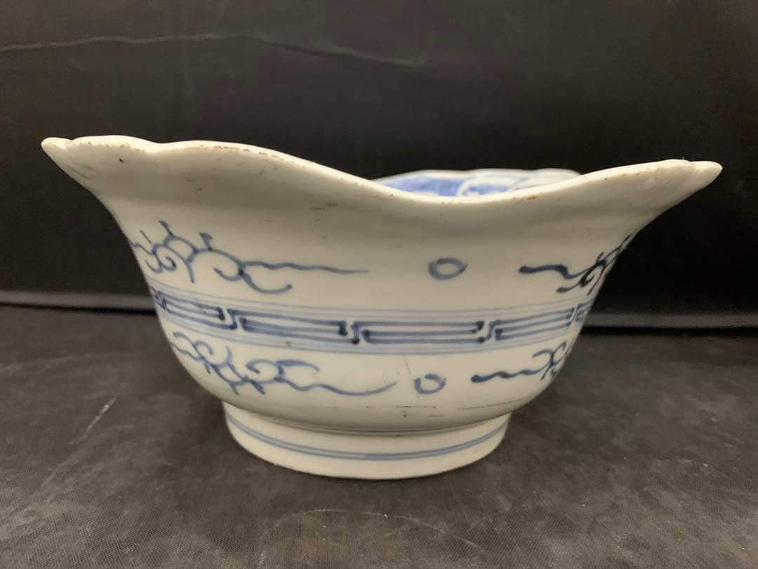 古伊万里　染付　波乗り千鳥　深鉢