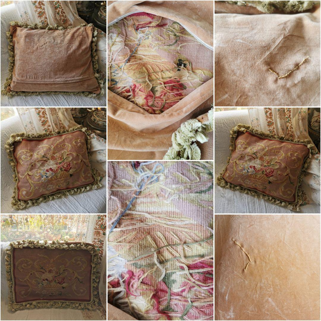 アンティークフランス オービュッソン織 花器モチーフ タッセル付クッションカバー