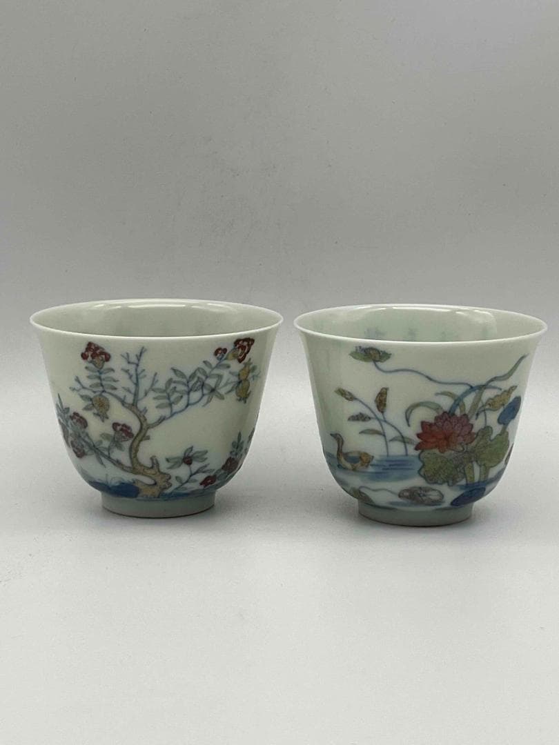 清康熙 【大清康熙年製】在銘 康熙十二花神詩文杯一対(C-63)