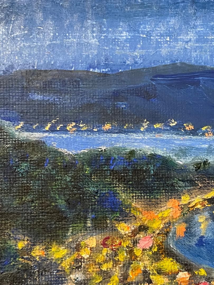 「真作」作者不明「尾道夜景」風景画　油彩画　額装　サイン有り　F3号