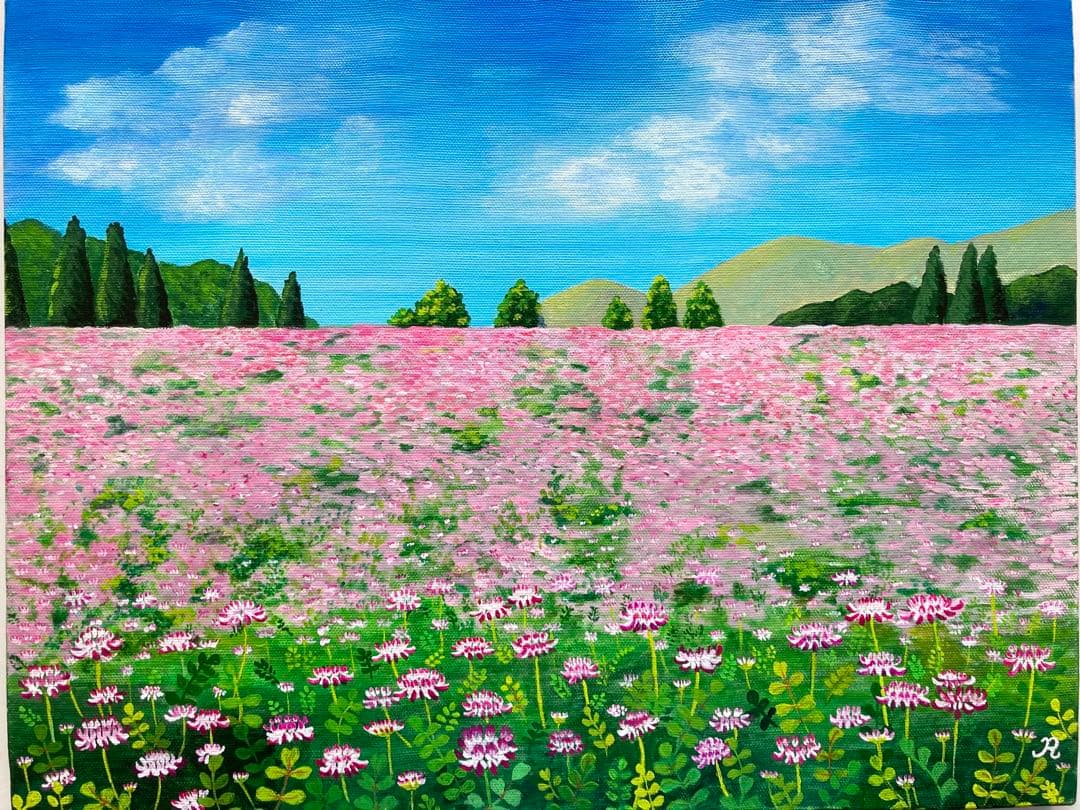 ご依頼品　花の絵　風景画　アクリル画　原画 　「レンゲ畑3」F6