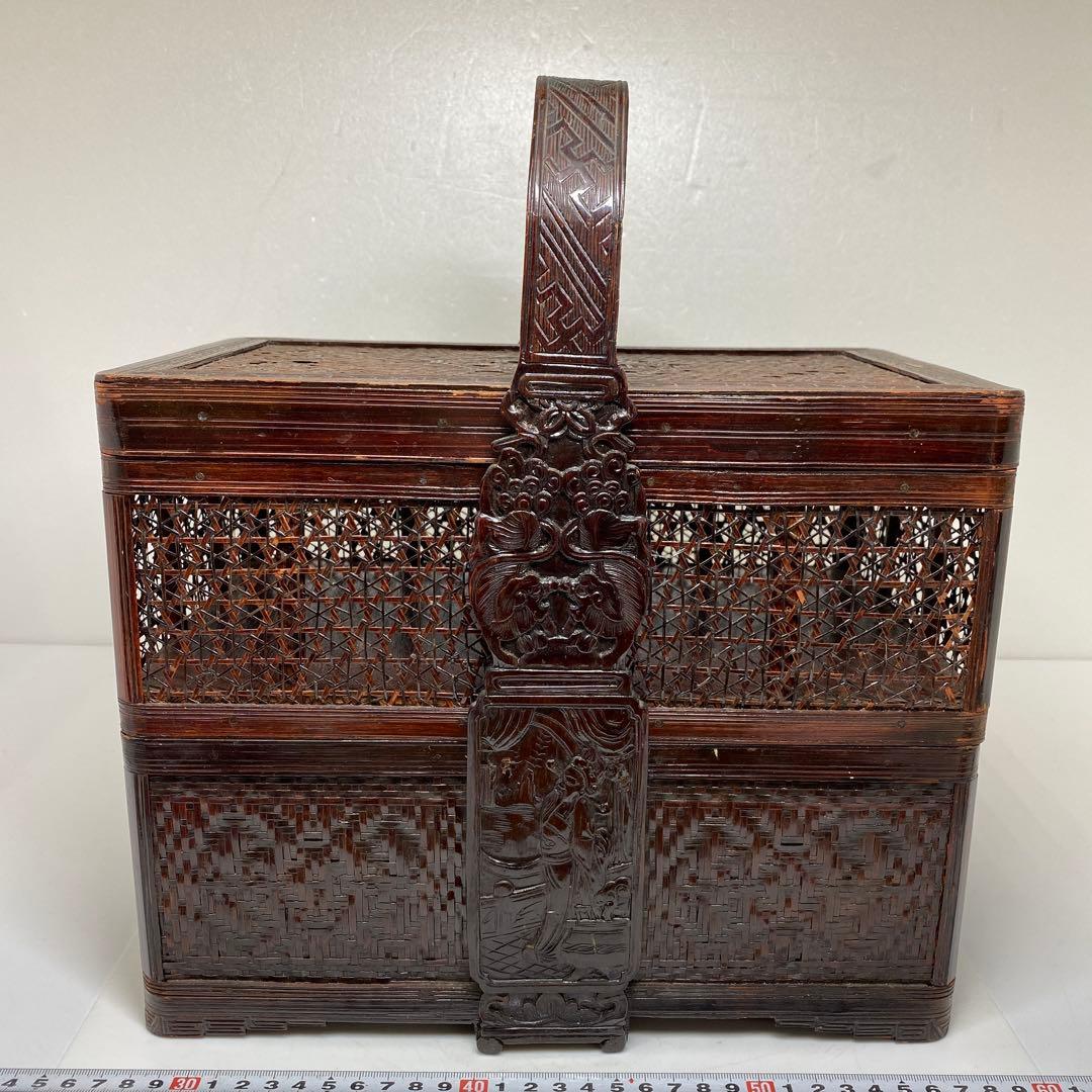 時代　竹編提藍　持ち手込高さ33.5㎝　東Y7-0217②トヒチサ