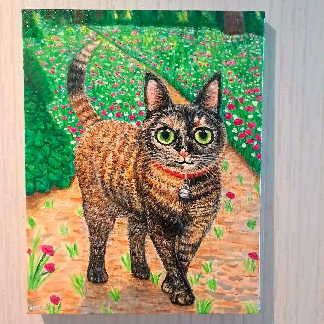 キャンバス油絵　専用　サビ猫ジジちゃんのわくわく散歩♪♪
