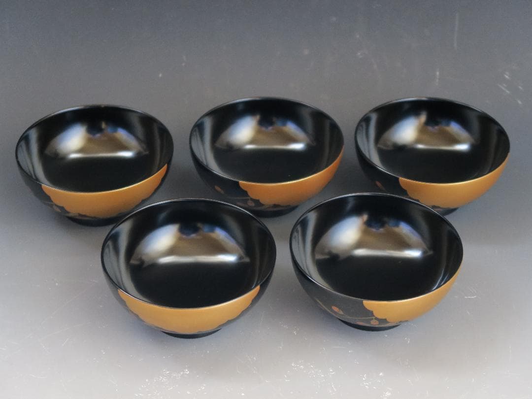 【輪島塗】雲松竹梅蒔絵 吸物椀 黒塗 五客揃 布着請負 天然木 共箱 美術漆器