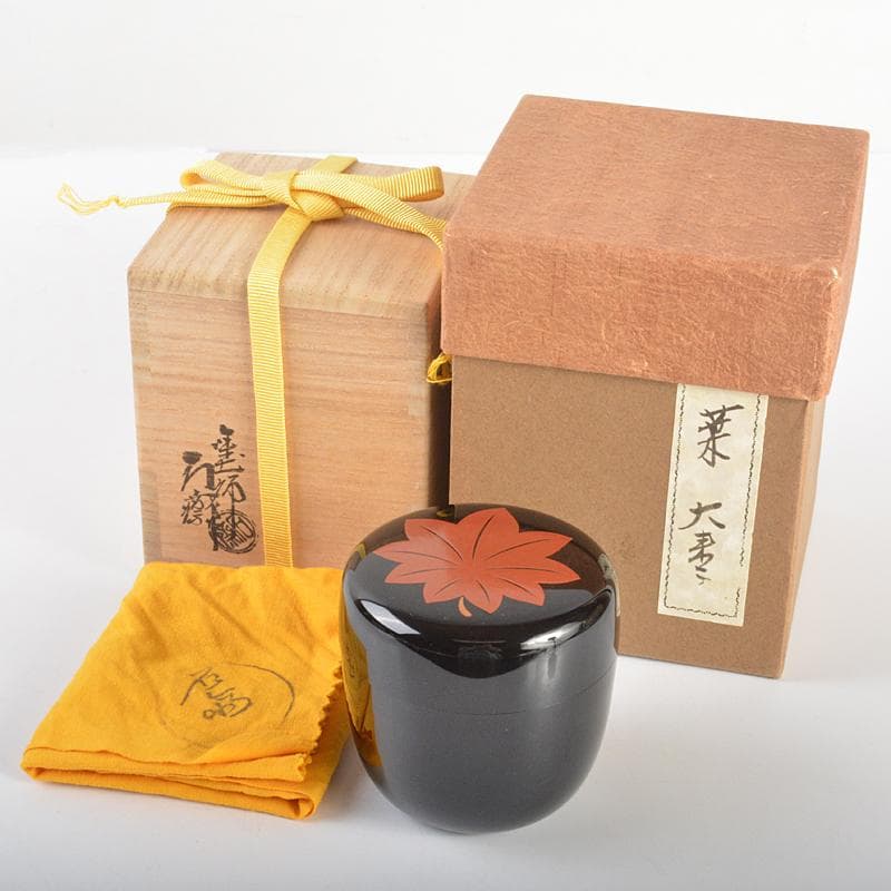 茶道具　山中塗　塗師　辻石斎造　一葉蒔絵　内銀留　大棗　共布共箱　D　R6869