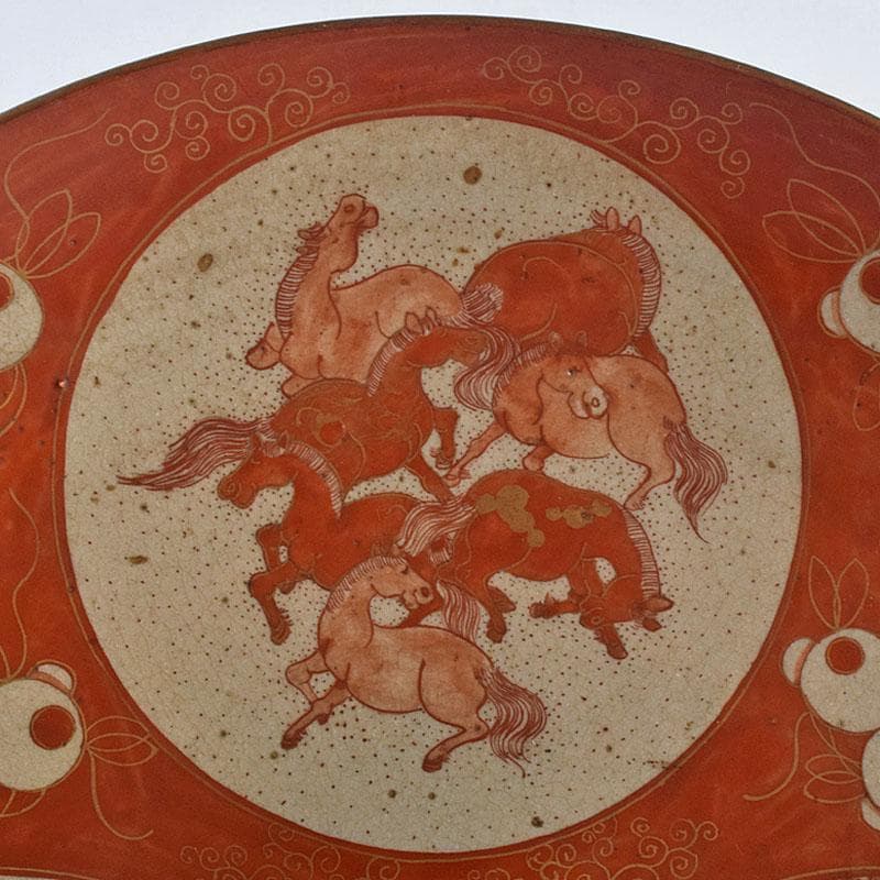 九谷焼　古九谷　赤絵　窓絵　山水人物馬文　大皿　直径約33㎝　U　R9426B