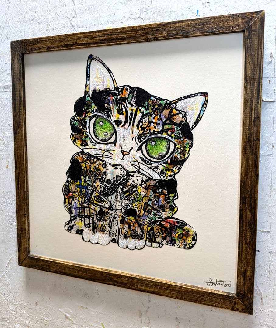 手作り額付作品　「きらめきニャンコ」