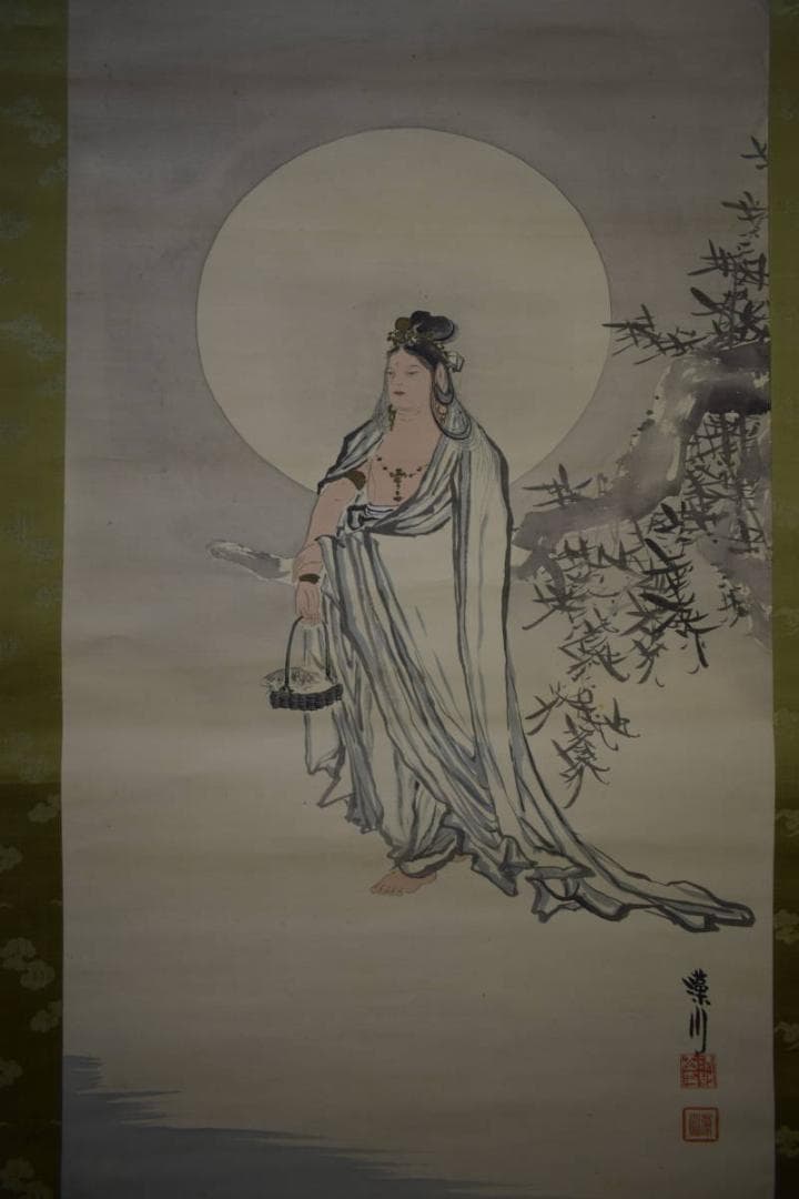 真作/源藻川/魚籃観音図/桐共箱付/布袋屋掛軸HJ-6