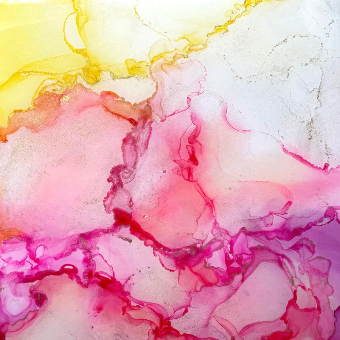 アルコールインクアート　ピンク　紫　黄色　レジン　パネル　木製　29.6×21