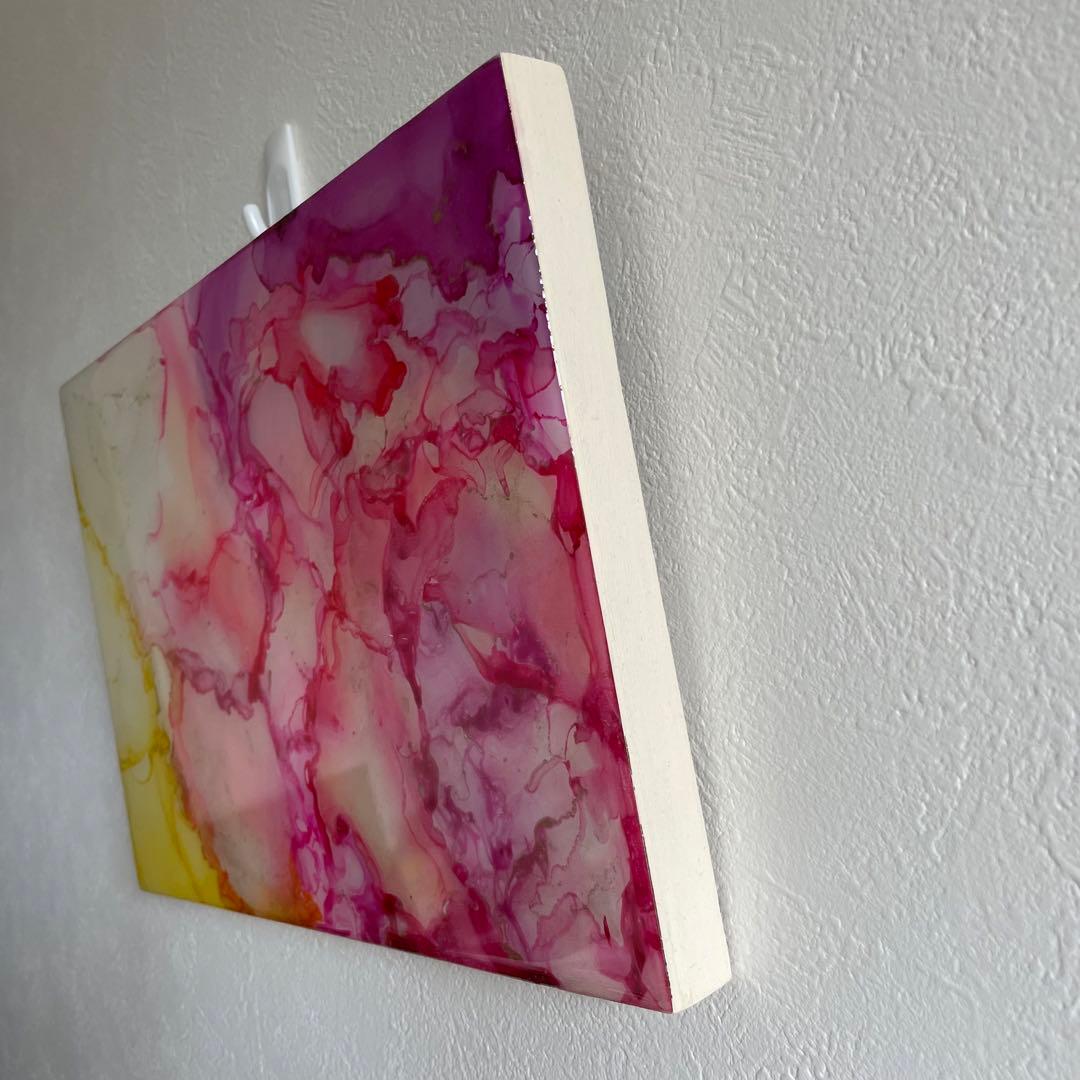 アルコールインクアート　ピンク　紫　黄色　レジン　パネル　木製　29.6×21