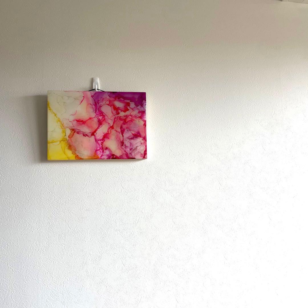 アルコールインクアート　ピンク　紫　黄色　レジン　パネル　木製　29.6×21