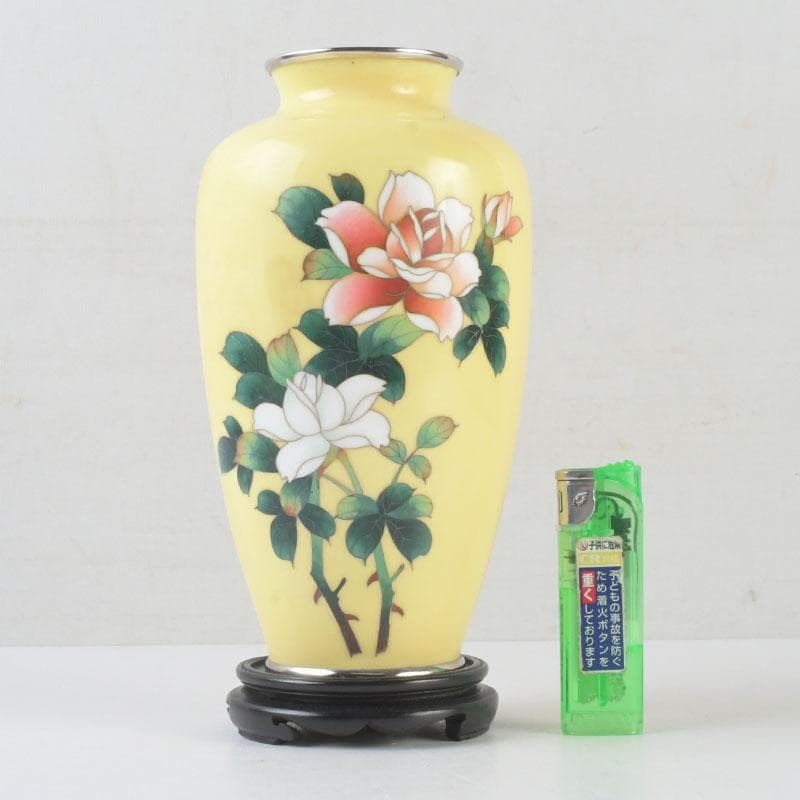 七宝焼　四君子文　花瓶　唐木台・箱付　V　9872