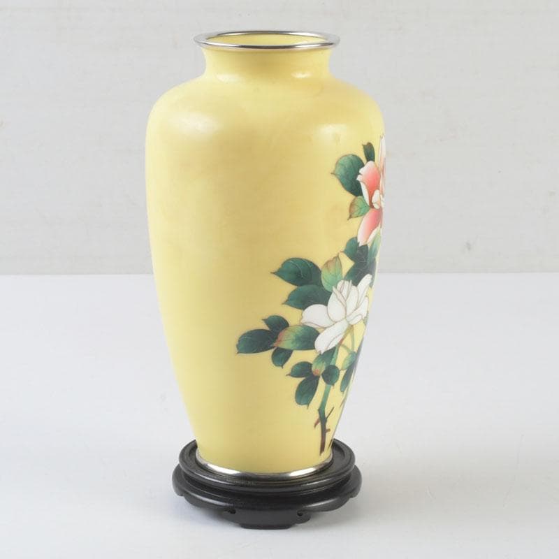 七宝焼　四君子文　花瓶　唐木台・箱付　V　9872