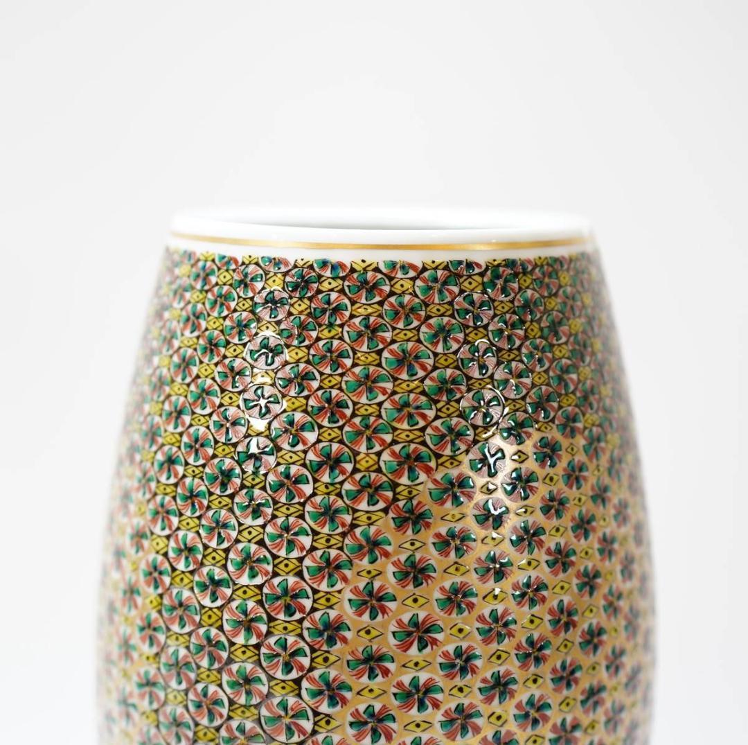 NA3410 九谷焼 北出塔次郎作 錦繍手更紗図 花生 高さ28.5㎝ 2重共箱