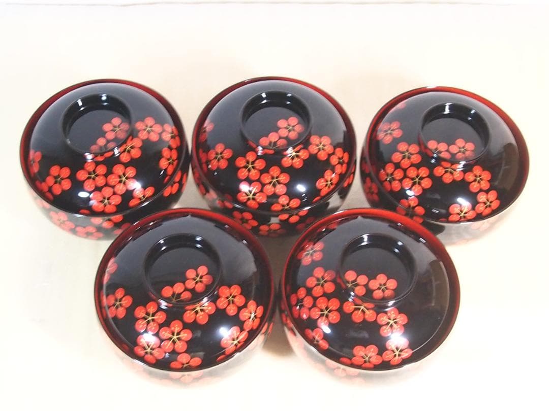 【美品】輪島塗 五島屋謹製 梅蒔絵 煮物椀5客 雑煮椀/大椀 梅づくし 漆器食器