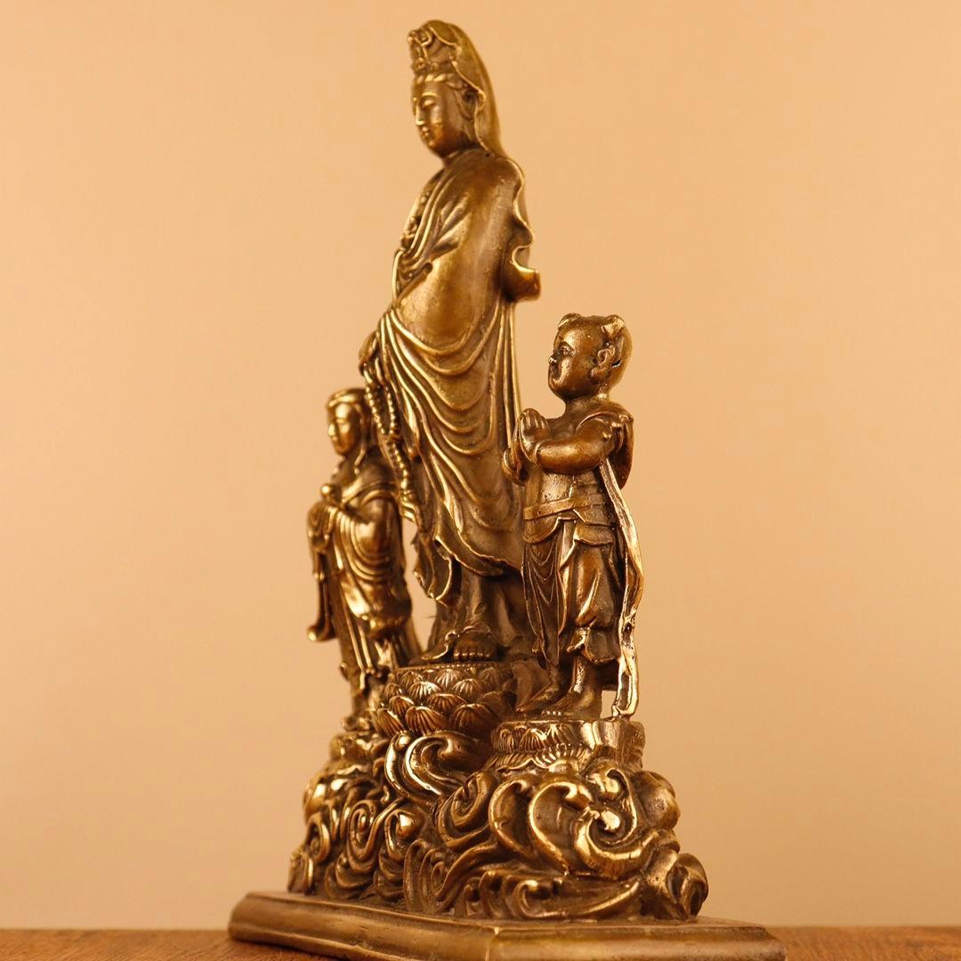 仏教美術 仏像 金童玉女観世音菩薩仏像 小仏像 銅製 銅器