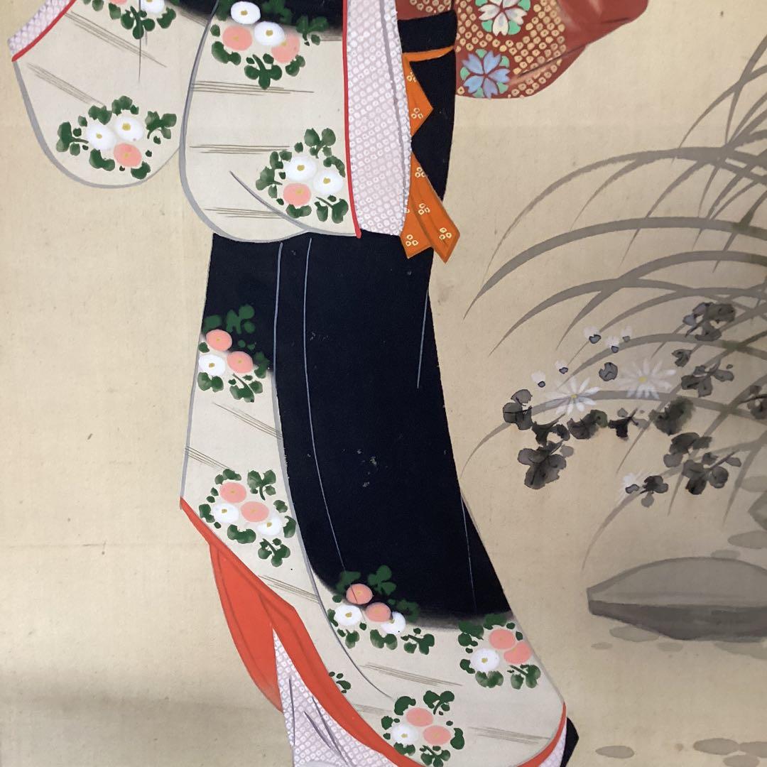 絹本着色画　【　月　下　美　人　之　図　】　玉泉筆　　桐箱　掛軸　一幅　297