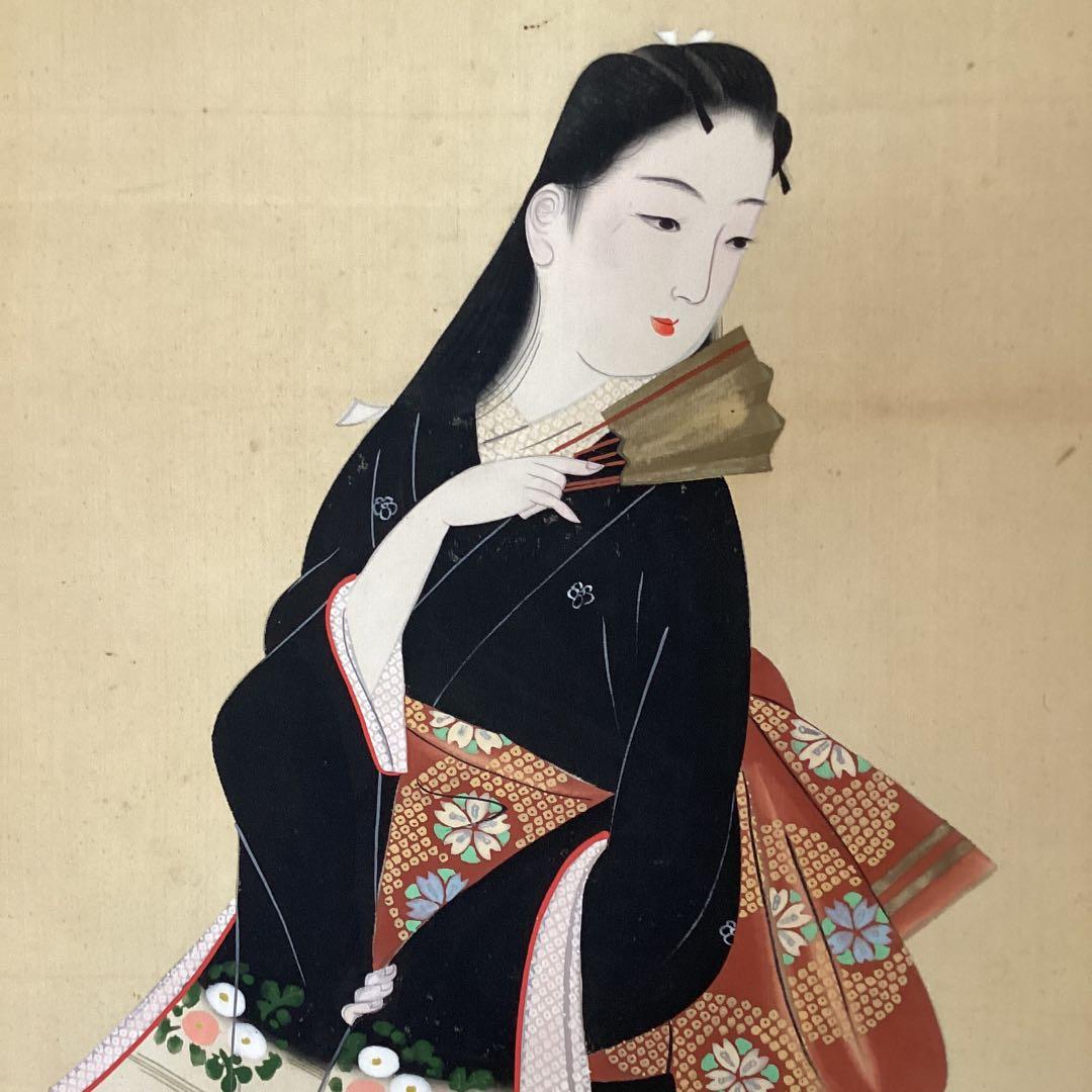 絹本着色画　【　月　下　美　人　之　図　】　玉泉筆　　桐箱　掛軸　一幅　297