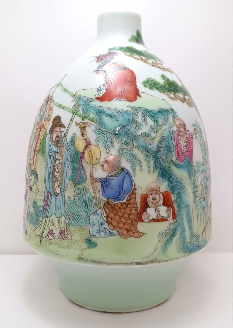 Y2979 中国 清代 雍正年製 粉彩 十六羅漢 壷 木箱付き