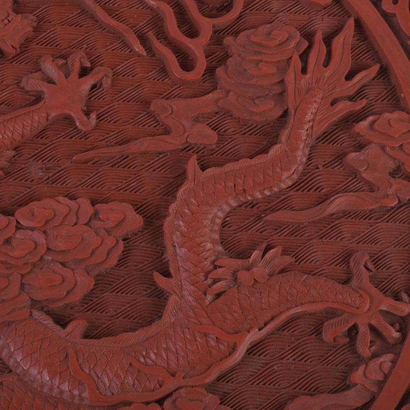 中国　剔紅　堆朱　雲龍文盤　輪花皿　飾皿　皿立付　M　9776