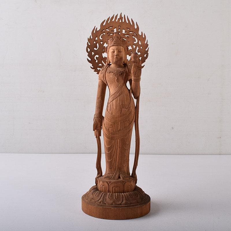 仏教美術　彫刻家　真海徳太郎作　木彫　観世音菩薩　仏像　置物　共箱　VR8302