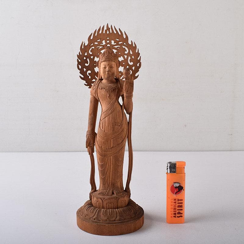 仏教美術　彫刻家　真海徳太郎作　木彫　観世音菩薩　仏像　置物　共箱　VR8302