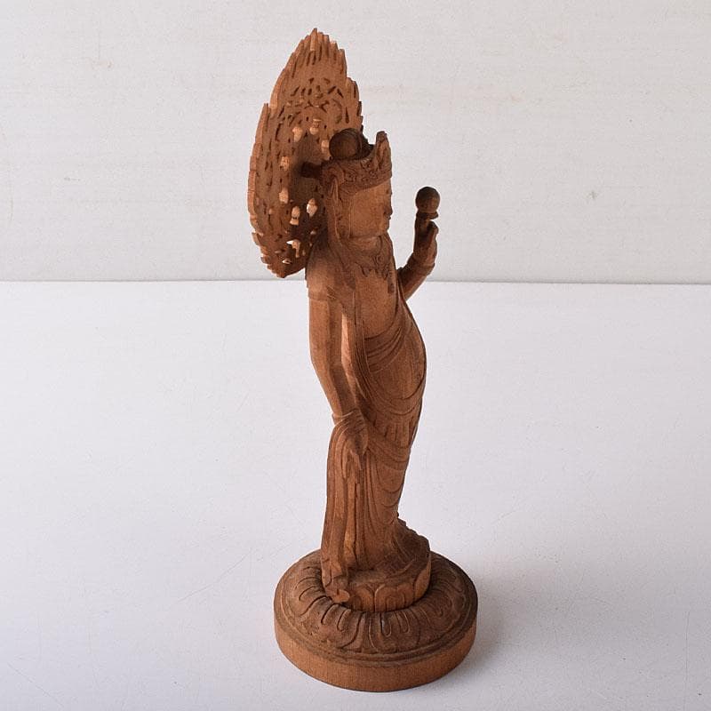 仏教美術　彫刻家　真海徳太郎作　木彫　観世音菩薩　仏像　置物　共箱　VR8302