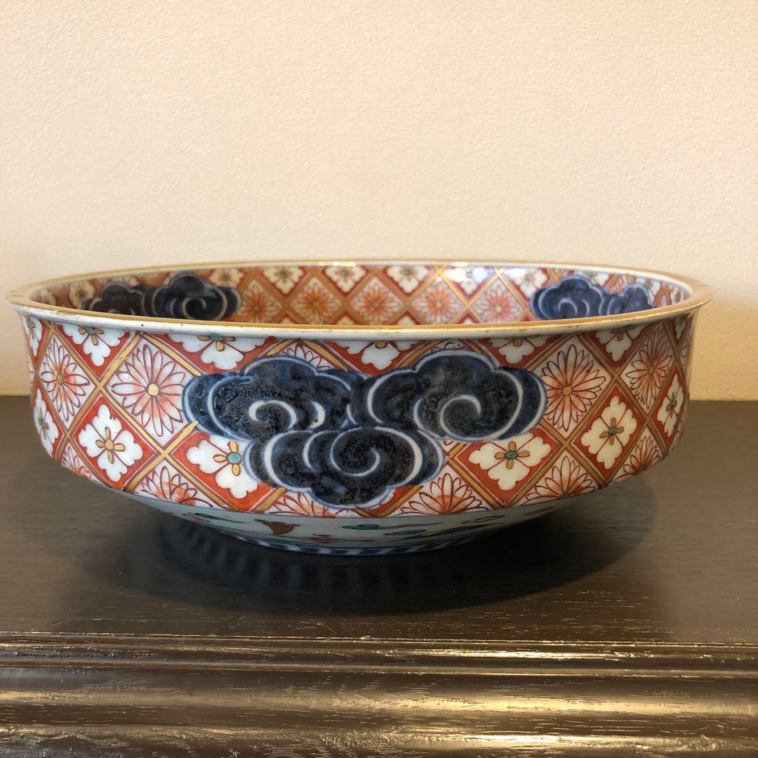 伊万里焼　赤絵雲鶴文大鉢　金蘭手　飾り鉢　煮物鉢　明治時代　木箱入