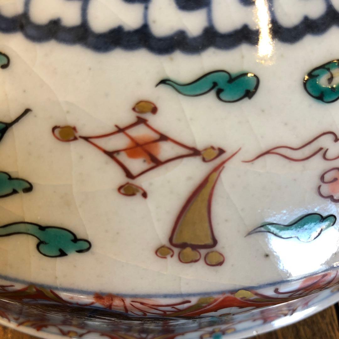 伊万里焼　赤絵雲鶴文大鉢　金蘭手　飾り鉢　煮物鉢　明治時代　木箱入