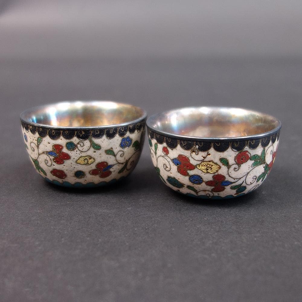七宝内銀草花文盃　２客　送料無料