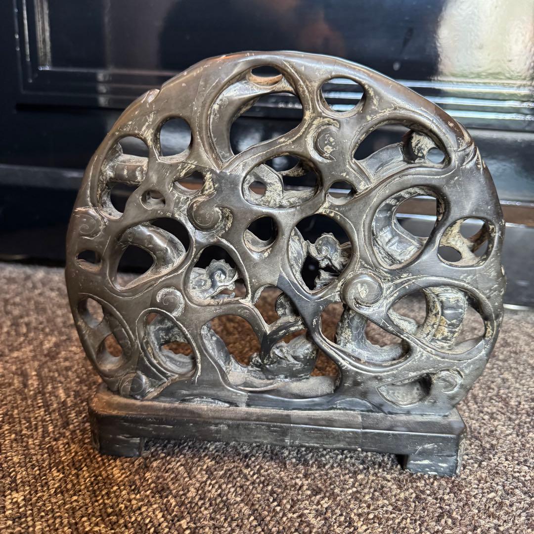 2頭の龍 石彫刻 透かし彫 アンティーク置物