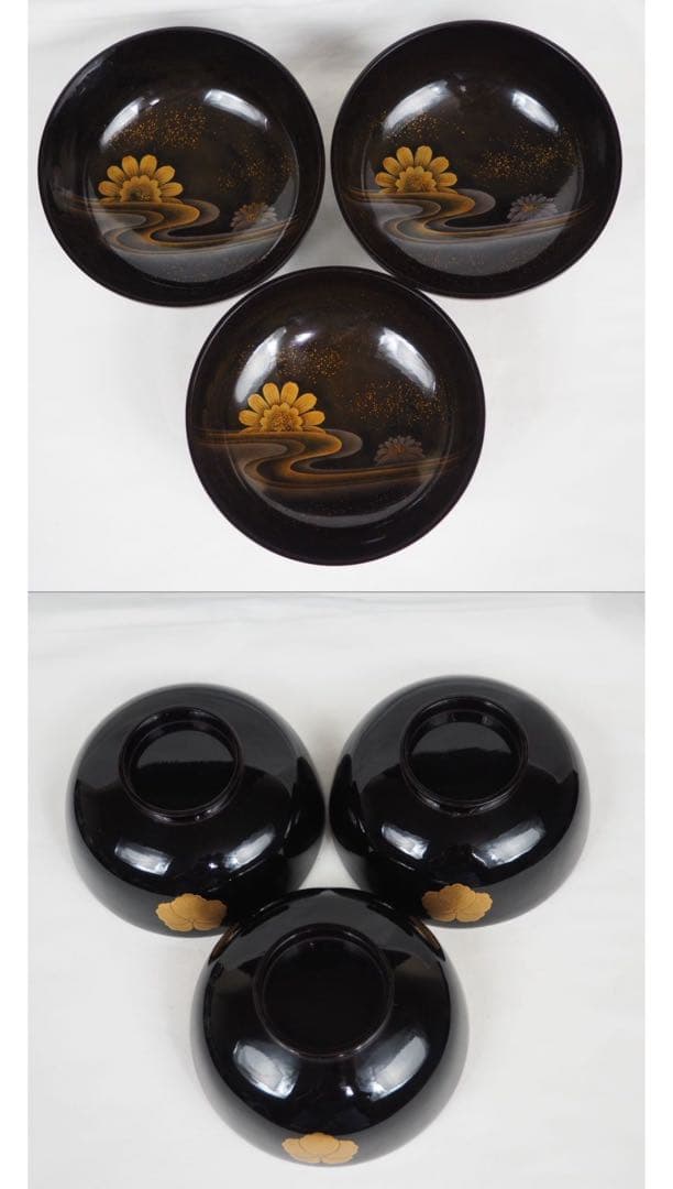 送料無料　江戸～明治日本橋老舗黒江屋　蔦家紋　本塗地散菊花金蒔絵吸物椀10客共箱