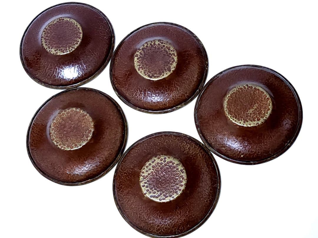 黄銅圓形 托子 金谷五郎三郎 鎚目 5客 共箱　煎茶道具 金属工芸