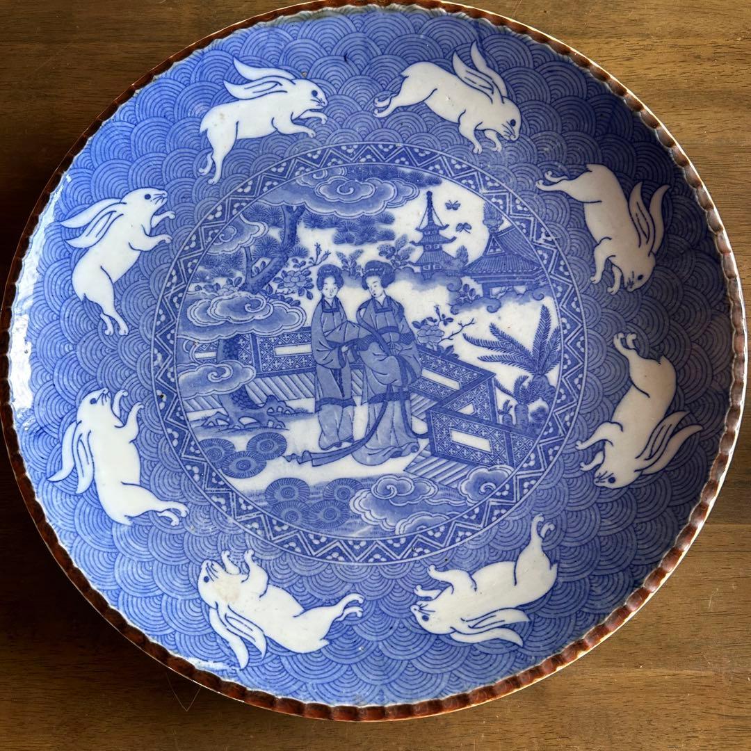 伊万里焼 染付 印判 波乗りうさぎ 明治時代 中国美人画 コレクター収集品